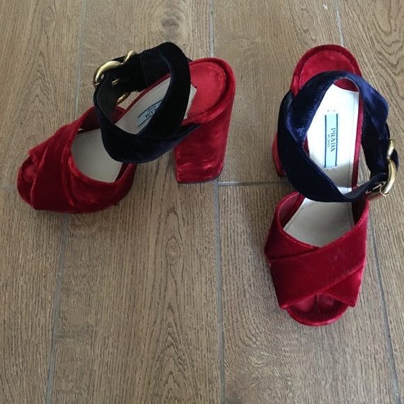 Prada Bicolor Velvet Red & Navy Platform Sandals - Picture 2 of 6